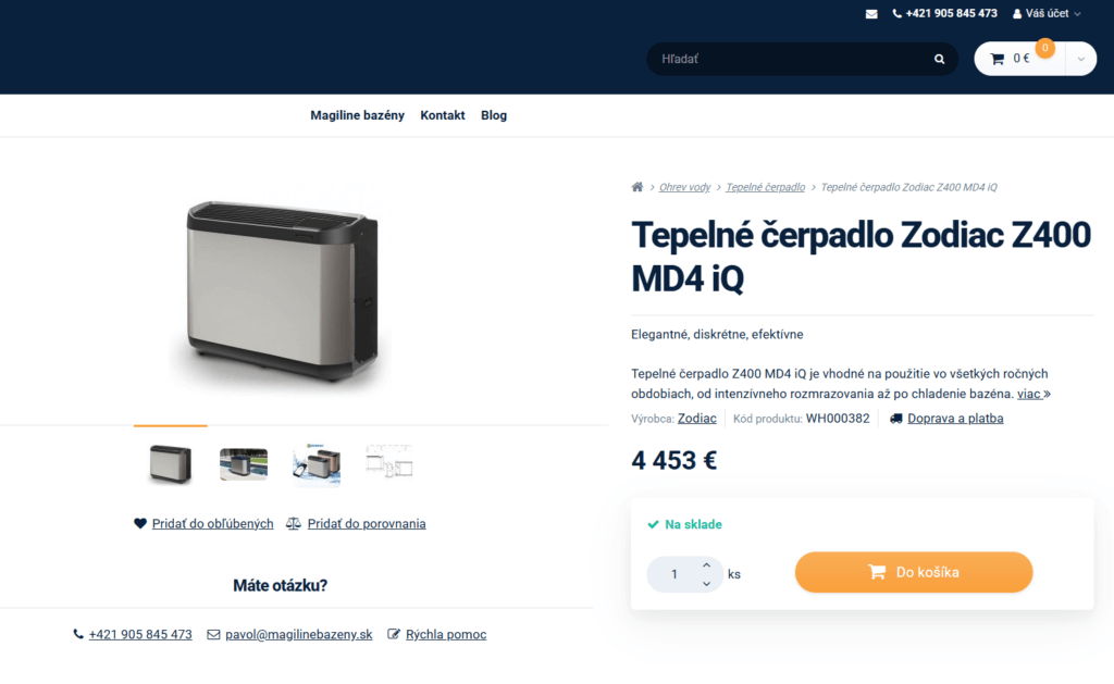 Příklad e-shopu na platformě Upgates, který jsme integrovali na webové stránky výrobce luxusních bazénů Magiline